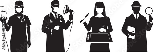 Four professionals representing healthcare, law enforcement, technology, and investigation fields