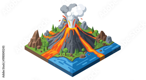 3D isometric view flat style illustration of erupting volcano with lava flow, smoke and mountains, dramatic natural disaster and geology concept