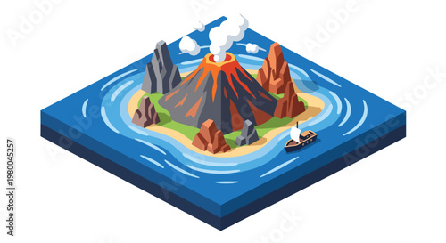 3D isometric view flat style illustration of erupting volcano with lava flow, smoke and mountains, dramatic natural disaster and geology concept