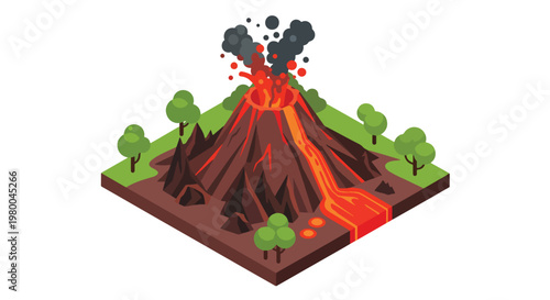 3D isometric view flat style illustration of erupting volcano with lava flow, smoke and mountains, dramatic natural disaster and geology concept