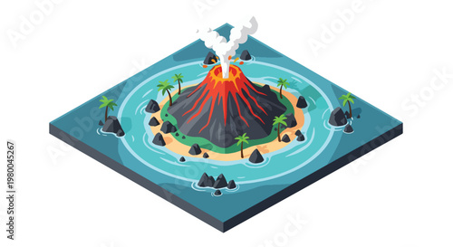 3D isometric view flat style illustration of erupting volcano with lava flow, smoke and mountains, dramatic natural disaster and geology concept