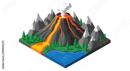 3D isometric view flat style illustration of erupting volcano with lava flow, smoke and mountains, dramatic natural disaster and geology concept