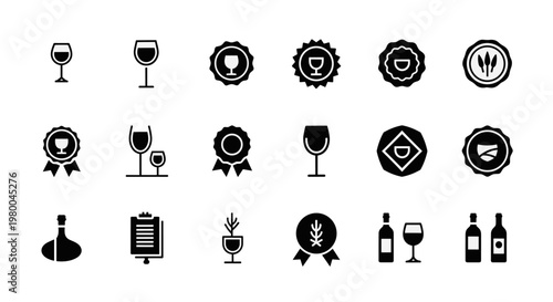 Collection of wine and award icons including glasses, bottles, and seals