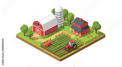 3D isometric view flat style illustration of agricultural farm with barn, crops and tractor, rural countryside farming and food production environment