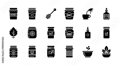Collection of black honey and plant icons for design and branding