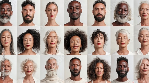 Diverse group of individuals with varying hairstyles and facial features, showcasing a range of ages and skin tones against a neutral background