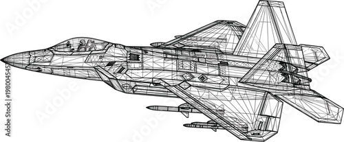 Fighter jet aircraft wireframe perspective with detailed mesh structure and aerodynamic design military aviation line illustration