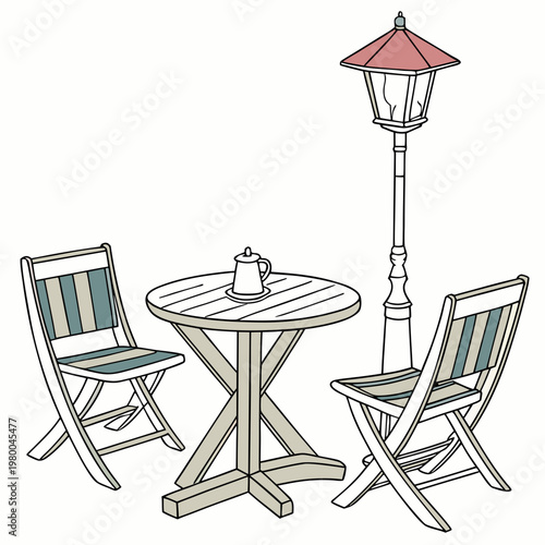 Illustration of outdoor furniture with two chairs, a table, and a lamp post