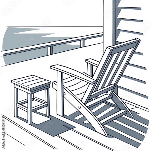 Illustration of a wooden deck chair and small table on a porch with a railing and blinds