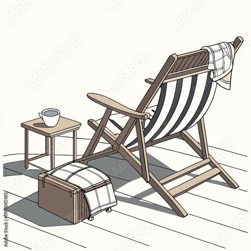 Illustration of a wooden deck chair with a side table and luggage on a wooden floor