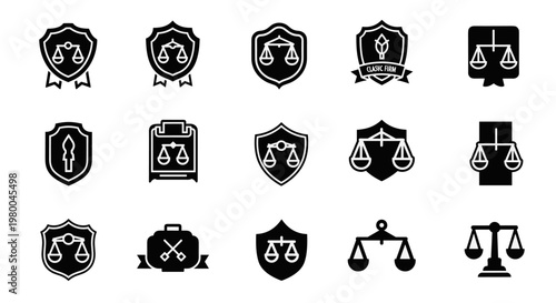 Collection of legal and justice icons featuring scales of justice and shields