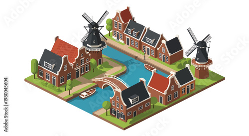 3D isometric view flat style illustration of european canal village with colorful houses, windmill and bridges, cultural travel destination