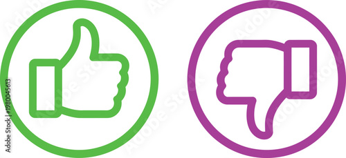 Green thumb up and purple thumb down icons representing customer feedback and voting decision process