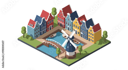 3D isometric view flat style illustration of european canal village with colorful houses, windmill and bridges, cultural travel destination