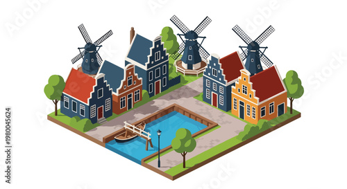 3D isometric view flat style illustration of european canal village with colorful houses, windmill and bridges, cultural travel destination