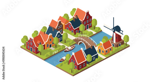 3D isometric view flat style illustration of european canal village with colorful houses, windmill and bridges, cultural travel destination