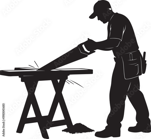 Silhouette of a carpenter sawing wood on sawhorses in a workshop with carpenter silhouette workshop construction