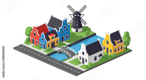 3D isometric view flat style illustration of european canal village with colorful houses, windmill and bridges, cultural travel destination