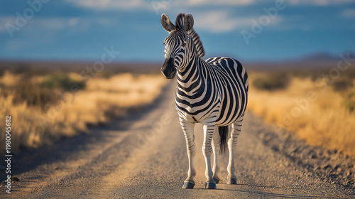 Zebra stands on a dirt road under a blue sky in a tranquil landscape during the day