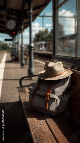 Backpack and hat resting on bench at a train station during a sunny afternoon