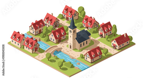 3D isometric view flat style illustration of peaceful european village small town with church, houses and river, quiet rural community environment