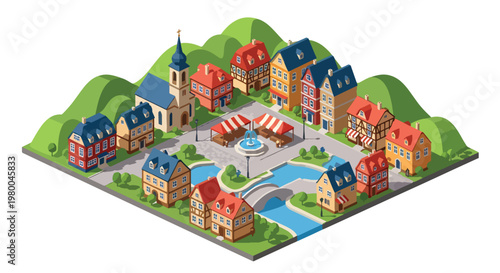 3D isometric view flat style illustration of peaceful european village small town with church, houses and river, quiet rural community environment