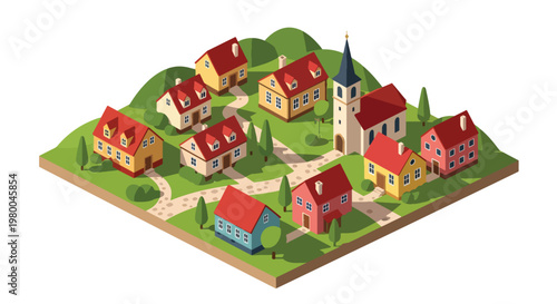 3D isometric view flat style illustration of peaceful european village small town with church, houses and river, quiet rural community environment