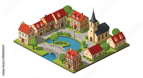 3D isometric view flat style illustration of peaceful european village small town with church, houses and river, quiet rural community environment