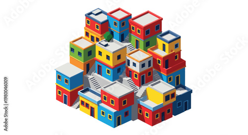 3D isometric view flat style illustration of favela dense urban slum housing with crowded buildings and infrastructure, social and economic city concept