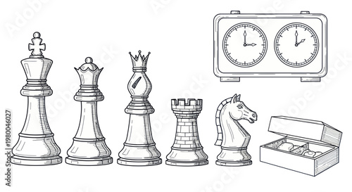 Hand-drawn Chess Pieces and Timer Illustration - Strategy and Game Concept