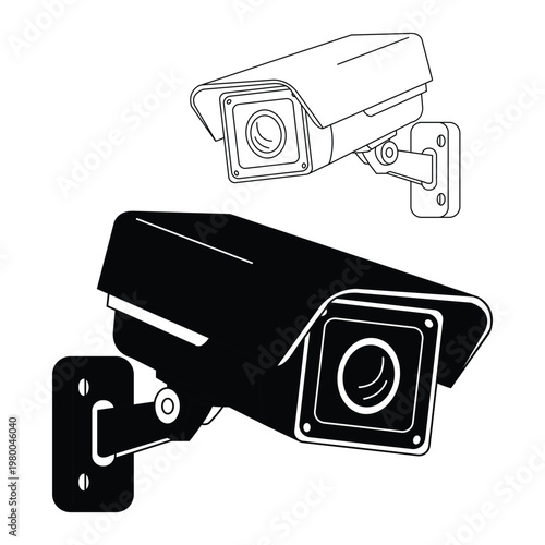 CCTV security cameras one is black silhouette and one is line art drawing mounted on wall plates surveillance concept, isolated on a white background
