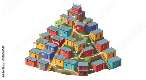 3D isometric view flat style illustration of favela dense urban slum housing with crowded buildings and infrastructure, social and economic city concept