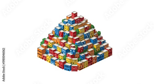 3D isometric view flat style illustration of favela dense urban slum housing with crowded buildings and infrastructure, social and economic city concept