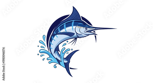 Blue Marlin Leaping from Water, Ocean Sport Fishing, Marine Life Illustration