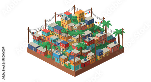 3D isometric view flat style illustration of favela dense urban slum housing with crowded buildings and infrastructure, social and economic city concept