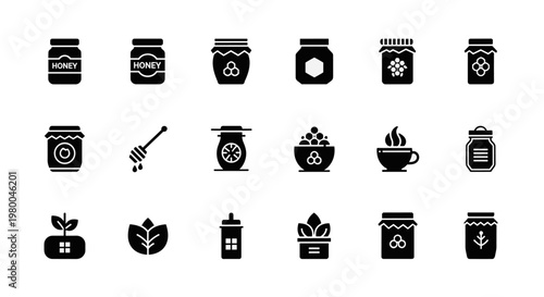 Collection of black honey and nature related icons for design