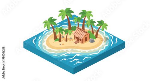 3D isometric view flat style illustration of tropical island with palm trees, beach and ocean water, relaxing summer travel destination