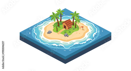 3D isometric view flat style illustration of tropical island with palm trees, beach and ocean water, relaxing summer travel destination