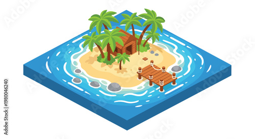 3D isometric view flat style illustration of tropical island with palm trees, beach and ocean water, relaxing summer travel destination