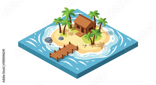 3D isometric view flat style illustration of tropical island with palm trees, beach and ocean water, relaxing summer travel destination