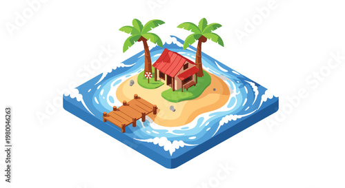 3D isometric view flat style illustration of tropical island with palm trees, beach and ocean water, relaxing summer travel destination