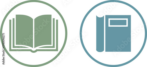 Two circular icons displaying an open book and a closed volume for educational and library themes
