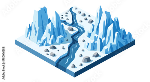 3D isometric view flat style illustration of icy glacier mountains with frozen river, cold climate natural landscape environment