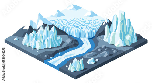 3D isometric view flat style illustration of icy glacier mountains with frozen river, cold climate natural landscape environment