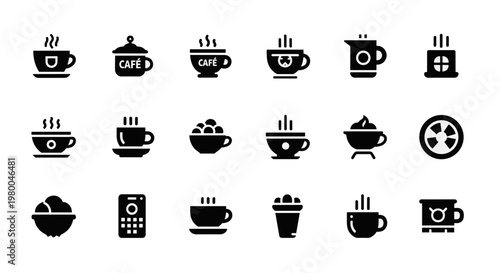 Collection of black coffee and beverage icons on a white background