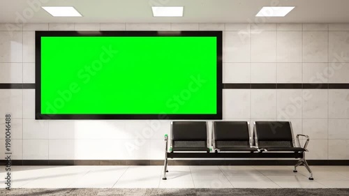Green screen digital signage in a modern waiting area with minimalist seating. Blank display for customizable content, advertising, or information.