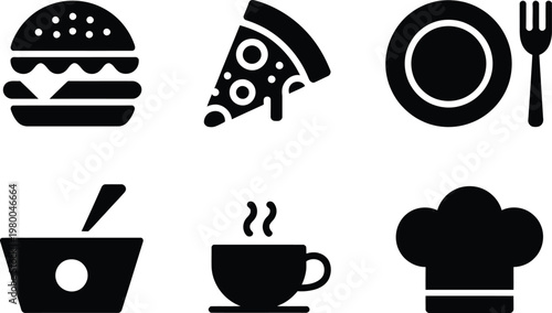 Collection of simple black icons representing fast food pizza meal service kitchen and culinary cooking equipment