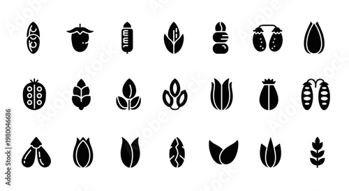 Collection of various agricultural crop icons and symbols representing seeds and plants