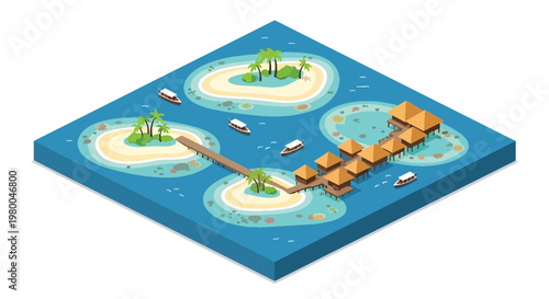 3D isometric view flat style illustration of Maldives atols tropical island resort with wooden villas over water, boats, and palm trees, representing luxury travel destination and beach tourism
