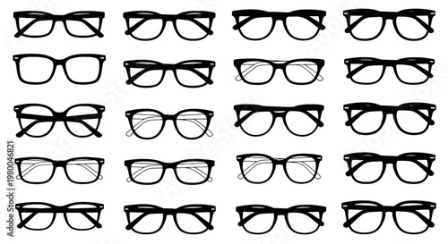 Glasses eyeglasses set with various frame styles and designs featuring frames, eyewear, optical with vision and black elements for white, line art